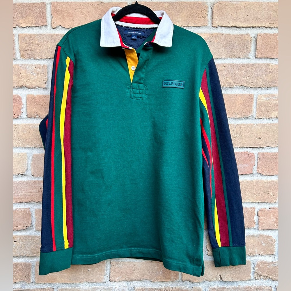 Vintage 90sTommy Hilfiger Rugby Polo Shirt Mens  Green Long Sleeve Striped Med